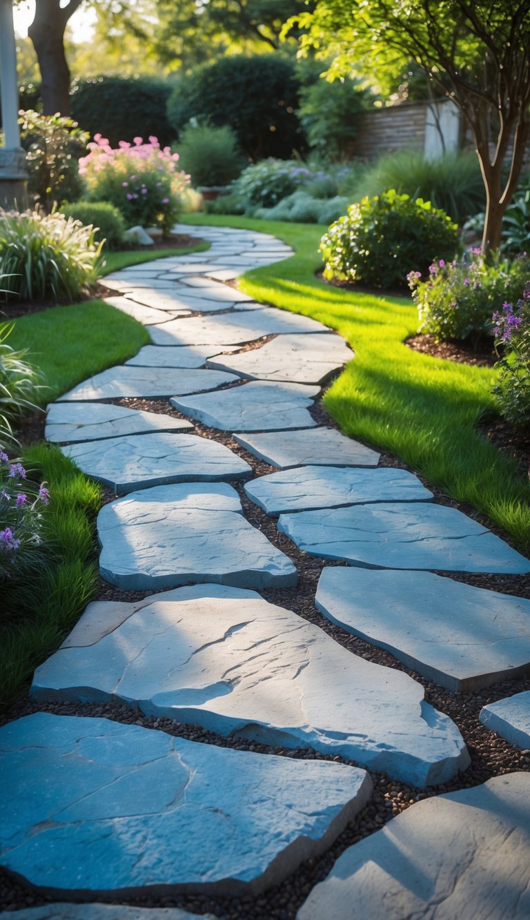 A winding bluestone pathway surrounded by green grass, flowering plants, and shrubs in a garden setting.